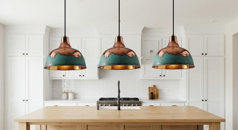 Handmade Copper Brass Pendant Light – Moroccan Dome Pendant Lamp with Green Patina Band & Hammered Brass Interior for Kitchen Island, Dining Room & Boho Home Décor