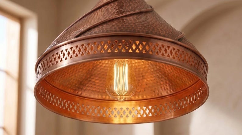 Handmade Brass Moroccan Pendant Light – Copper Finish Spiral Dome Hanging Lamp, Hammered Brass Kitchen Island Pendant, Boho Farmhouse Ceiling Light Fixture