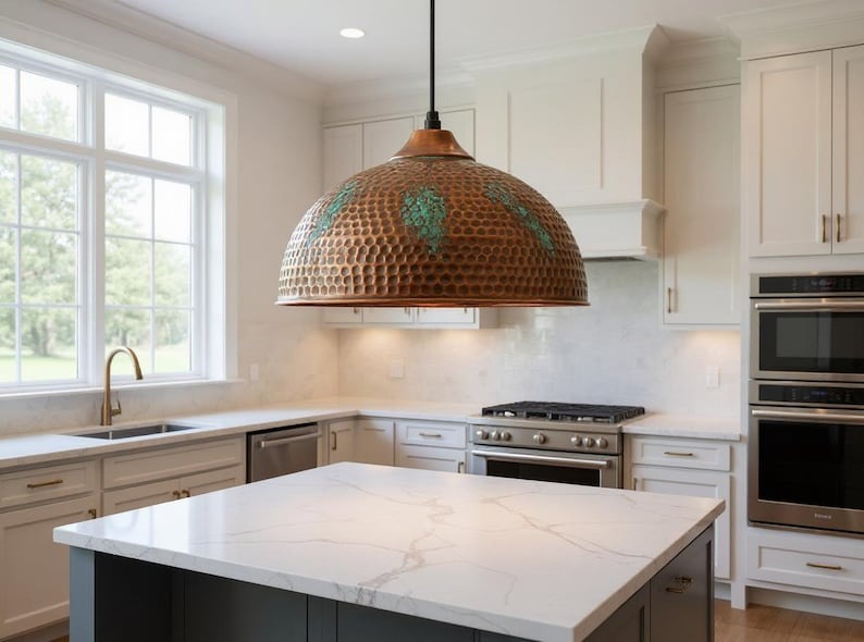 Large Hammered Copper Dome Pendant Light, Handmade Moroccan Green Patina Kitchen Island Chandelier, Rustic Verdigris Copper Hanging Lamp, Boho Farmhouse Ceiling Light Fixture