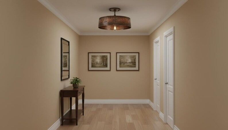 Handmade Moroccan Brass Semi-Flush Mount Ceiling Light – Hammered Antique Copper Drum Fixture, Rustic Farmhouse Ceiling Lamp