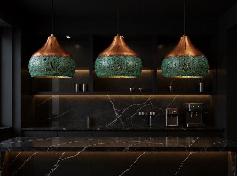 Two-Tone Copper and Green Patina Pendant Light, Handmade Moroccan Pierced Copper Hanging Lamp, Verdigris Kitchen Island Chandelier, Rustic Boho Farmhouse Ceiling Light Fixture