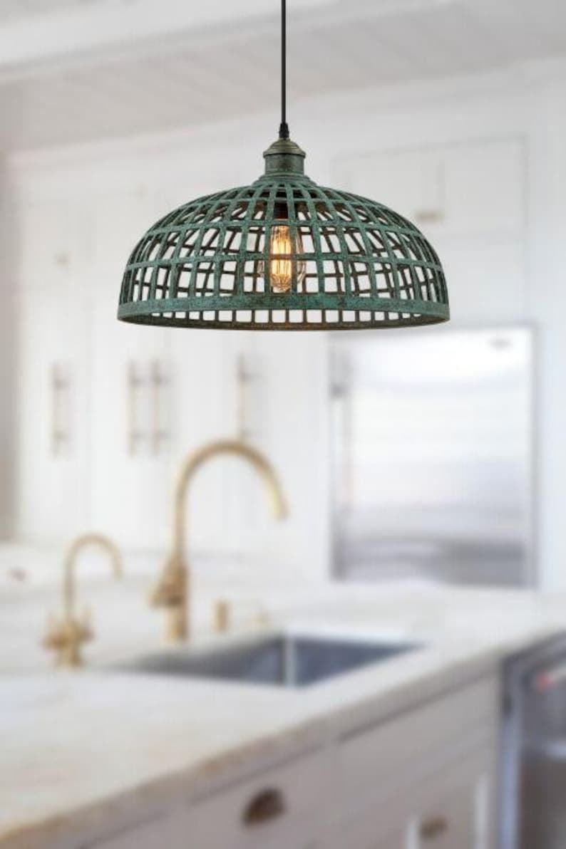 Handmade Green Patina Brass Pendant Light – Moroccan Open Grid Dome Hanging Lamp with Cage Cutout Design for Kitchen Island, Dining Room & Boho Home Décor