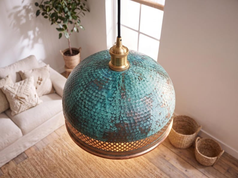 Handmade Moroccan Brass Dome Pendant Light – Hammered Green Verdigris Patina Hanging Lamp with Copper Lattice Band and Warm Gold Interior for Kitchen Island, Dining Room & Living Room