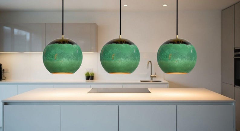 Handmade Moroccan Brass Globe Pendant Light – Green Patina Brass Hanging Lamp with Dark Aged Top & Warm Gold Interior, Boho Mediterranean Orb Ceiling Light for Kitchen Island, Dining Room, Bedroom & Entryway