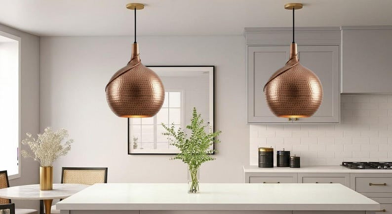 Handmade Hammered Brass Pendant Light – Moroccan Teardrop Copper Brass Hanging Lamp for Kitchen Island, Dining Room & Boho Home Décor