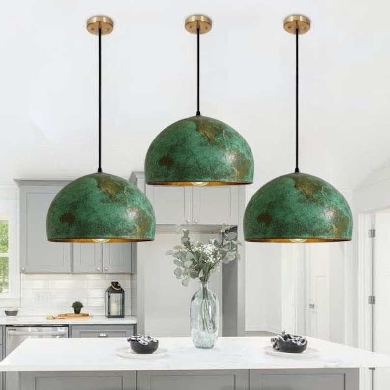 Handmade Green Patina Brass Pendant Light – Moroccan Dome Hanging Lamp with Warm Brass Interior for Kitchen Island, Dining Room & Boho Home Décor