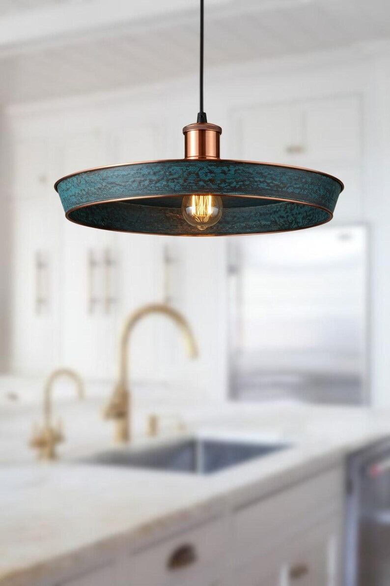 Handmade Blue Patina Brass Pendant Light – Moroccan Wide Saucer Hanging Lamp with Copper Brass Hardware for Kitchen Island, Dining Room & Boho Home Décor