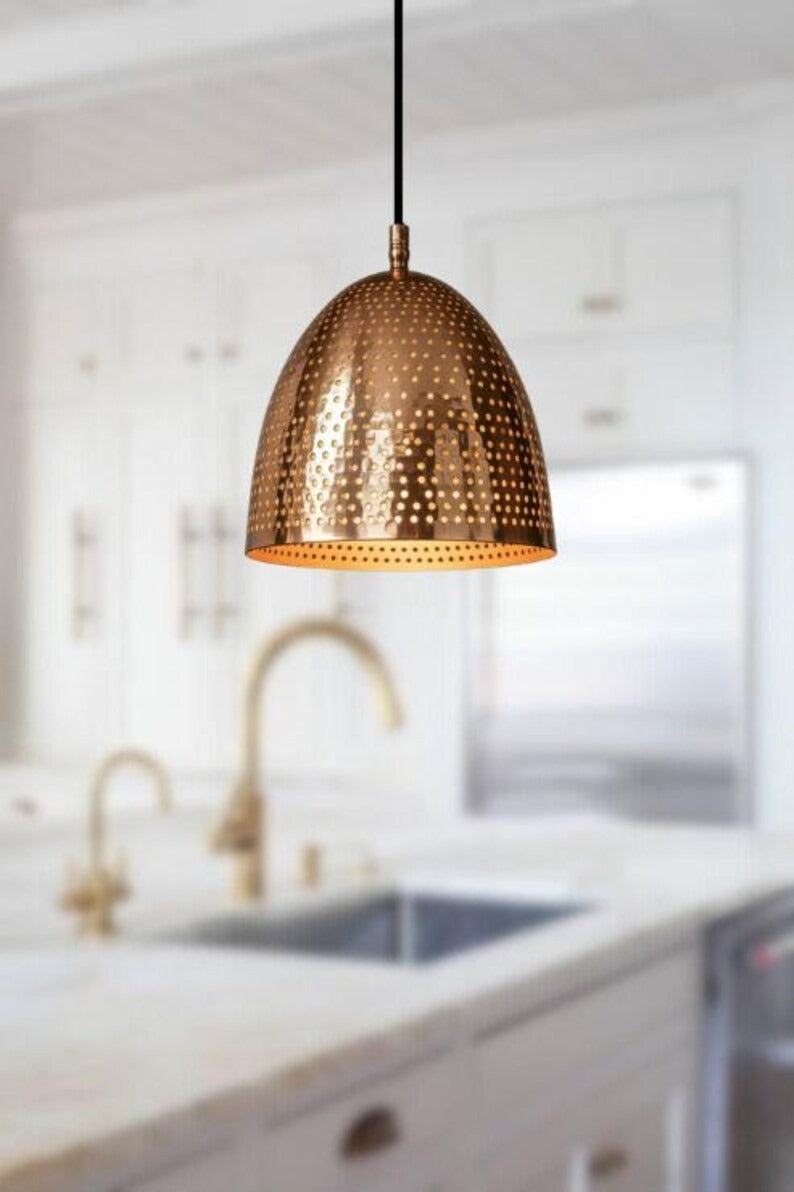 Handmade Perforated Brass Pendant Light – Moroccan Copper Dome Pendant Lamp with Round Cutouts for Kitchen Island, Dining Room & Boho Home Décor