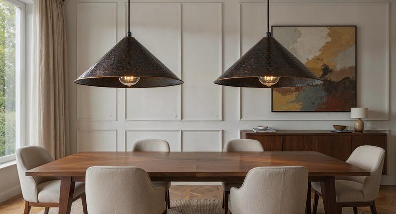 Dark Hammered Copper Cone Pendant Light, Handmade Moroccan Blackened Copper Chandelier, Rustic Kitchen Island Hanging Lamp, Industrial Boho Farmhouse Ceiling Light Fixture