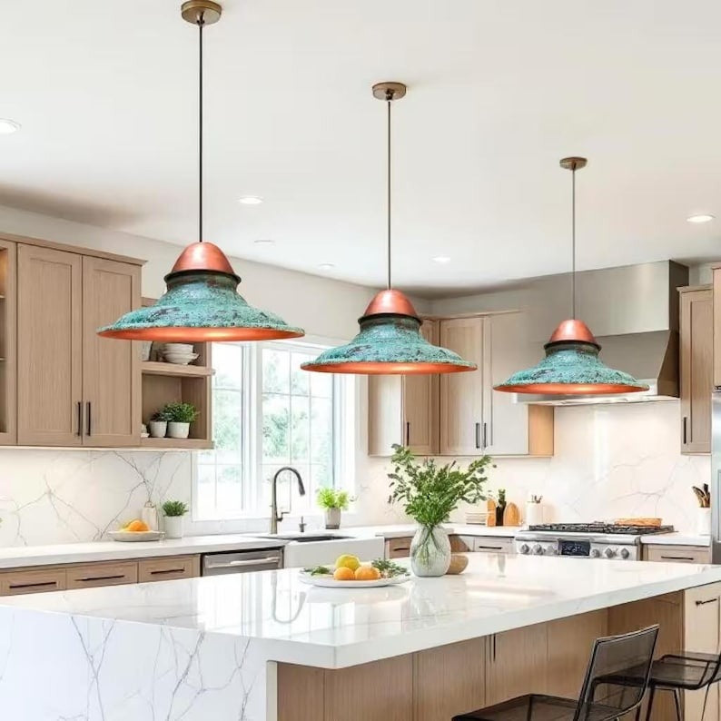 Handmade Moroccan Brass Pendant Light – Verdigris Patina Industrial Dome Ceiling Lamp, Aged Copper Brass Hanging Light for Kitchen Island & Dining Room