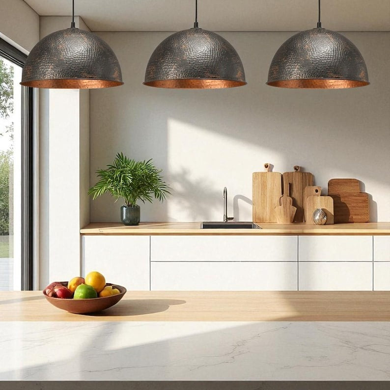 Moroccan Brass Black Hammered Dome Pendant Light, Handmade Brass Copper Interior Hanging Lamp, Rustic Boho Kitchen Island Chandelier, Modern Farmhouse Ceiling Light Fixture