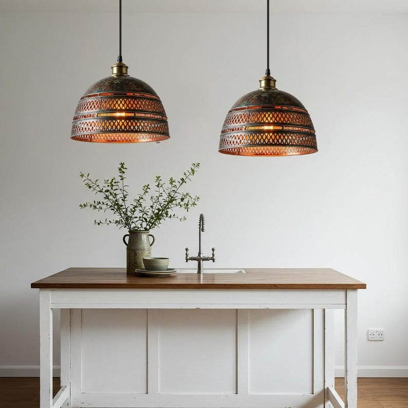 Pierced Brass Dome Pendant Light – Moroccan Lattice Kitchen Island Chandelier with Antique Patina Finish