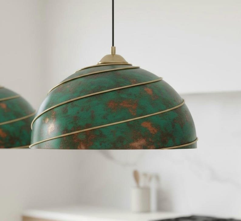 Green Patina Copper Dome Pendant Light, Handmade Moroccan Spiral Brass Trim Chandelier, Verdigris Kitchen Island Hanging Lamp, Boho Rustic Farmhouse Ceiling Light Fixture
