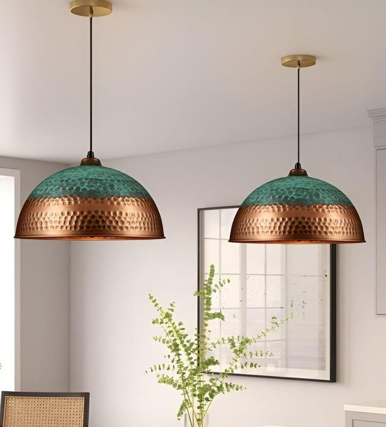 Handmade Hammered Brass Pendant Light – Moroccan Copper Dome Pendant Lamp with Green Patina Top for Kitchen Island, Dining Room & Boho Home Décor