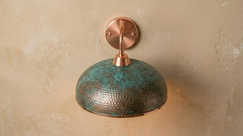 Handmade Brass Wall Sconce – Verdigris Green Patina Hammered Brass Dome Wall Light with Copper Arm, Moroccan Rustic Farmhouse Wall Lamp Fixture