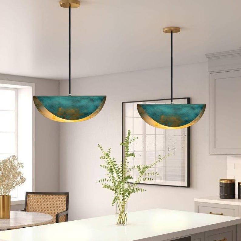Handmade Half Moon Brass Pendant Light – Blue Green Patina Moroccan Bowl Pendant Lamp for Kitchen Island, Dining Room & Boho Home Décor