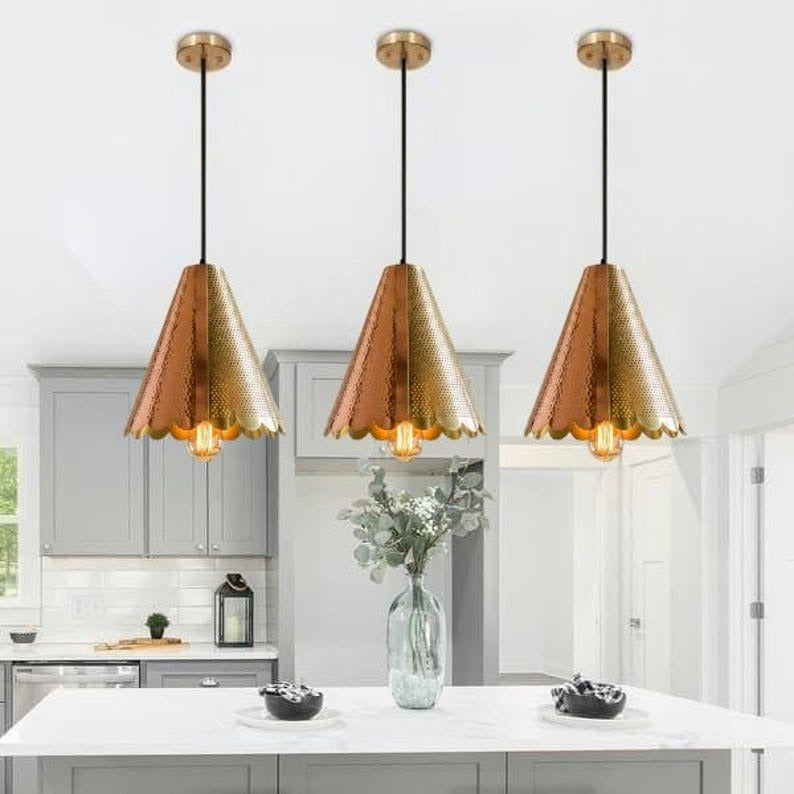 Handmade Two Tone Brass Pendant Light – Moroccan Gold & Copper Cone Hanging Lamp with Scalloped Edge for Kitchen Island, Dining Room & Boho Home Décor