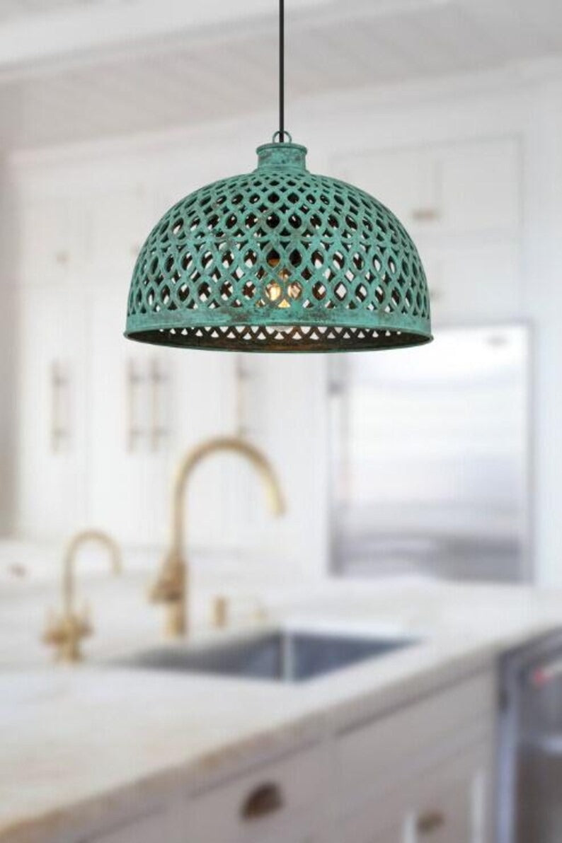 Handmade Green Patina Brass Pendant Light – Moroccan Openwork Dome Hanging Lamp with Lattice Cutout Pattern for Kitchen Island, Dining Room & Boho Home Décor