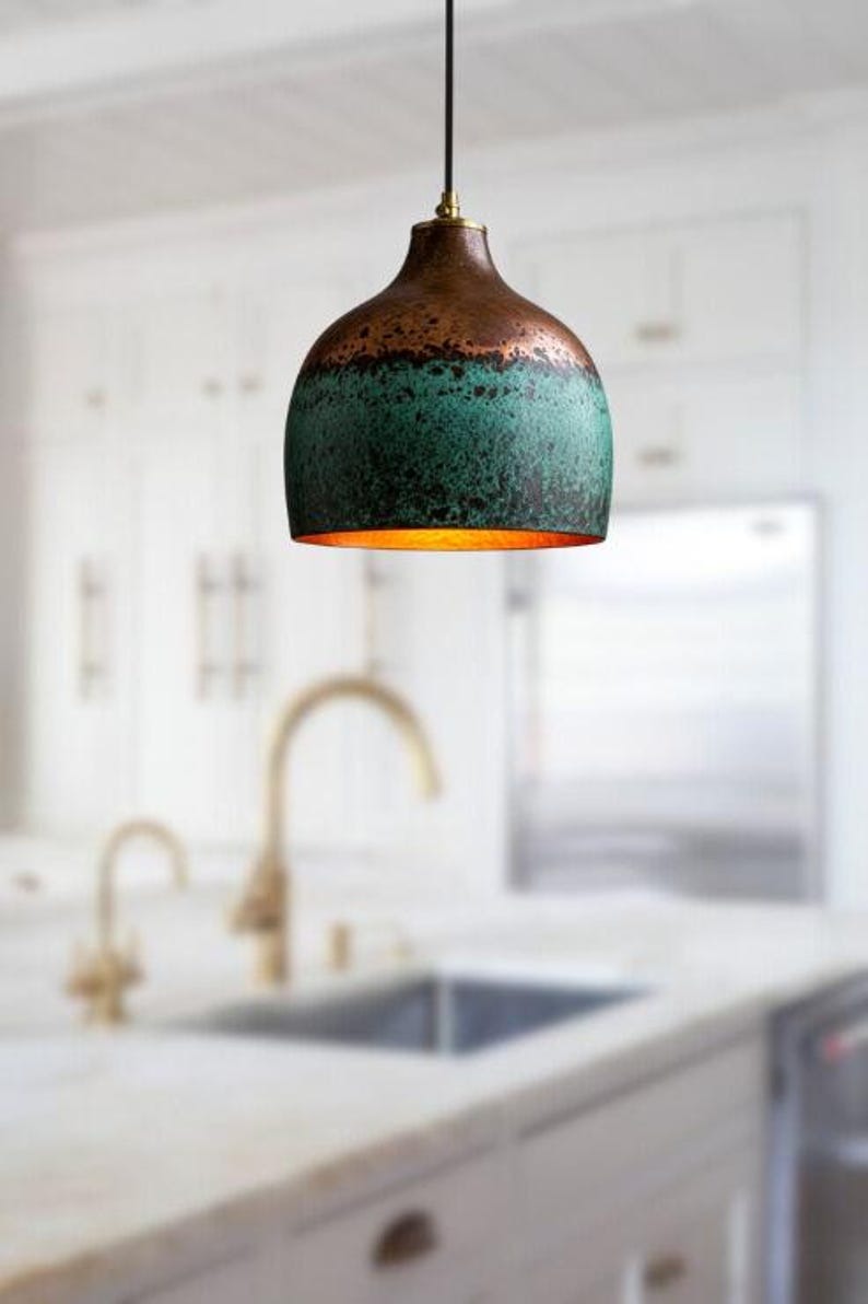 Handmade Green Patina Brass Pendant Light – Moroccan Two Tone Dome Hanging Lamp with Copper Top for Kitchen Island, Dining Room & Boho Home Décor