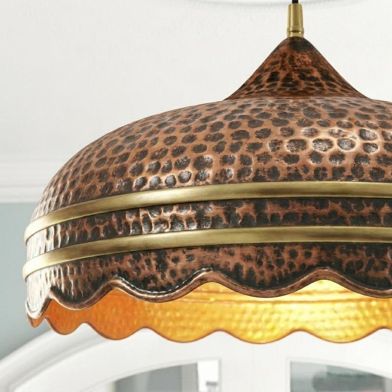 Handmade Hammered Brass Pendant Light – Copper Moroccan Ceiling Lamp, Scalloped Dome Kitchen Island Pendant, Rustic Dining Room Light Fixture