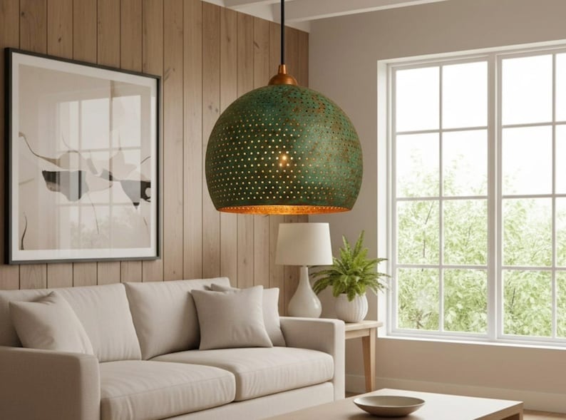 Handmade Green Patina Brass Pendant Light – Moroccan Wide Dome Hanging Lamp for Kitchen Island, Dining Room, Living Room & Boho Home Decor