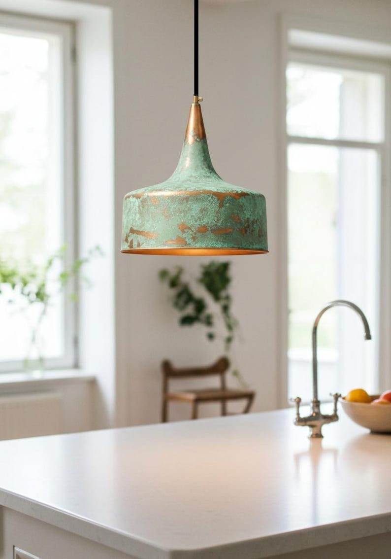 Handmade Moroccan Brass Pendant Light – Tall Verdigris Drum Ceiling Lamp with Tapered Neck, Aged Copper Accents & Warm Downlight