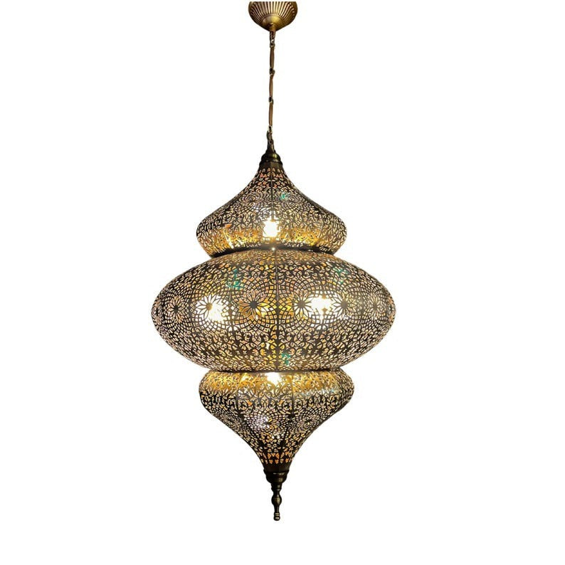 Handmade Moroccan Brass Pendant Light – Large Pierced Three-Tier Moorish Lantern, Ornate Floral Geometric Ceiling Light for Entryway, Dining Room & Living Room