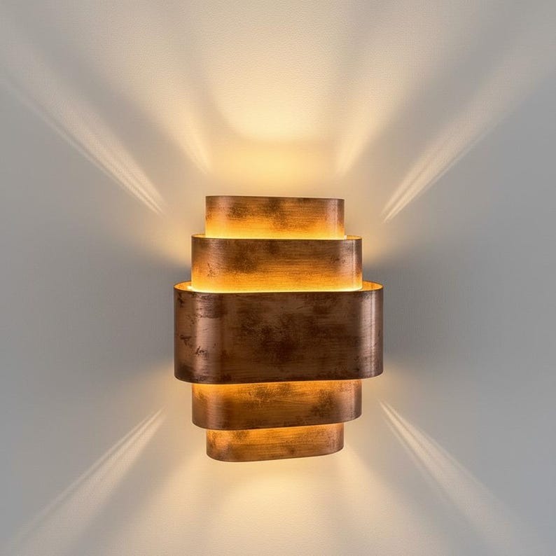 Handmade Moroccan Brass Wall Sconce – Layered Geometric Brass Wall Light with Antique Copper Finish, Modern Art Deco Up and Down Lamp for Bedroom, Hallway, Entryway & Living Room