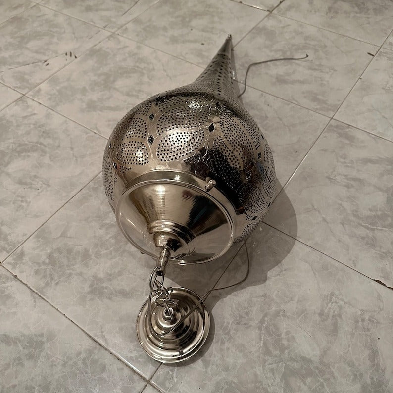 Moroccan Pierced Silver Teardrop Pendant Light, Handmade Moorish Leaf Pattern Hanging Chandelier, Boho Arabic Shadow Lantern, White Metal Filigree Ceiling Light Fixture