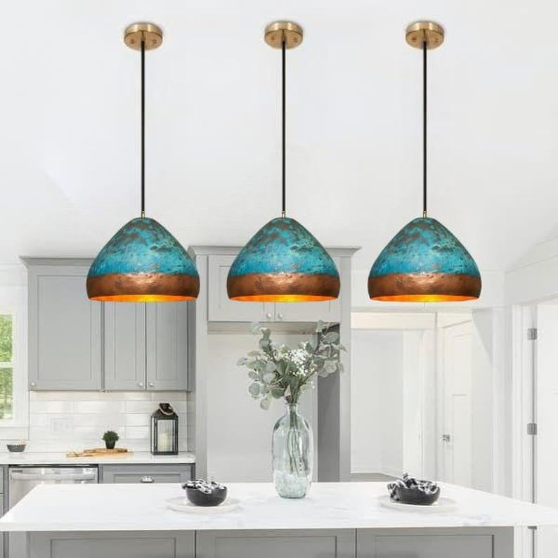 Handmade Blue Patina Brass Pendant Light – Moroccan Copper Dome Hanging Lamp with Warm Gold Interior for Kitchen Island, Dining Room & Boho Home Décor