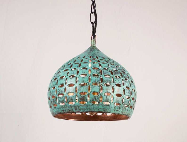 Turquoise Patina Pierced Copper Pendant Light, Handmade Moroccan Cutout Dome Chandelier, Verdigris Kitchen Island Hanging Lamp, Boho Rustic Farmhouse Ceiling Light Fixture