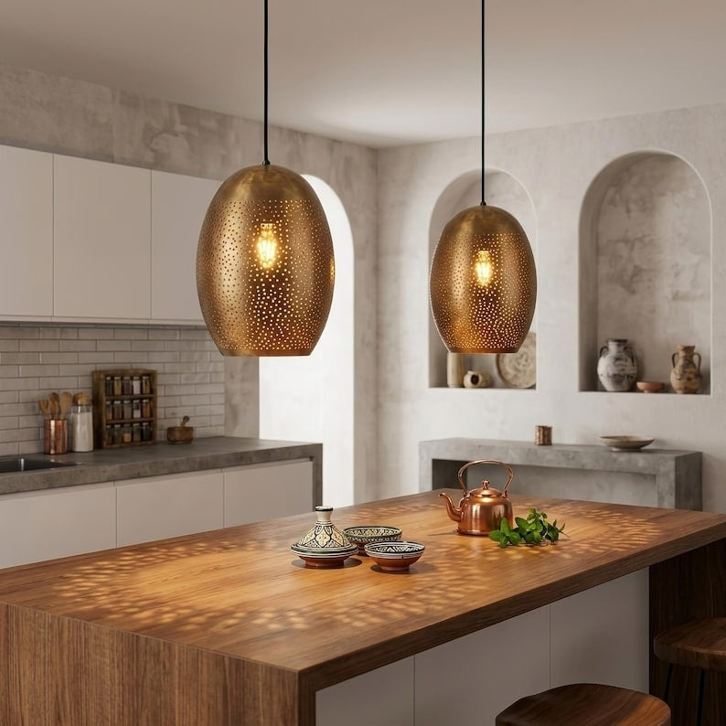 Handmade Moroccan Brass Perforated Pendant Light – Antique Bronze Oval Hanging Lamp with Starry Cutouts, Modern Boho Ceiling Light for Kitchen Island, Dining Room & Living Room