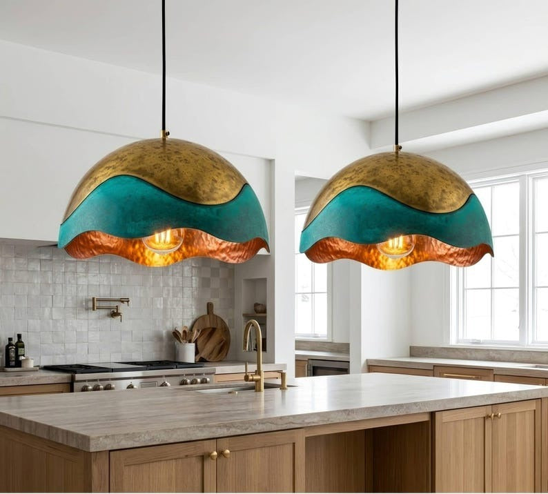 Handmade Moroccan Brass Dome Pendant Light – Sculptural Turquoise Patina and Antique Gold Brass Hanging Lamp with Wavy Copper Interior, Boho Mediterranean Ceiling Light for Kitchen Island, Dining Room & Living Room