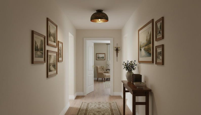 Handmade Moroccan Brass Flush Mount Ceiling Light – Hammered Dome Fixture with Dark Bronze and Green Patina, Warm Gold Interior