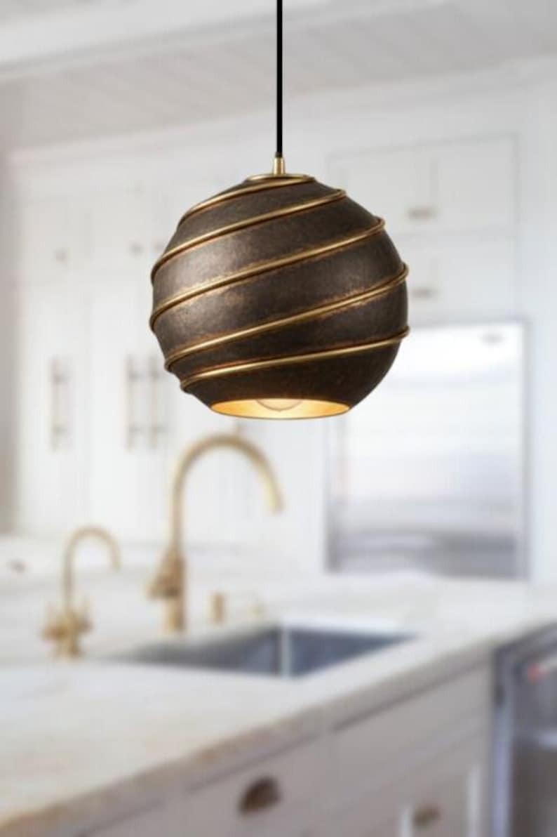 Handmade Brass Pendant Light – Moroccan Globe Hanging Lamp with Spiral Ribbed Design for Kitchen Island, Dining Room & Boho Home Décor