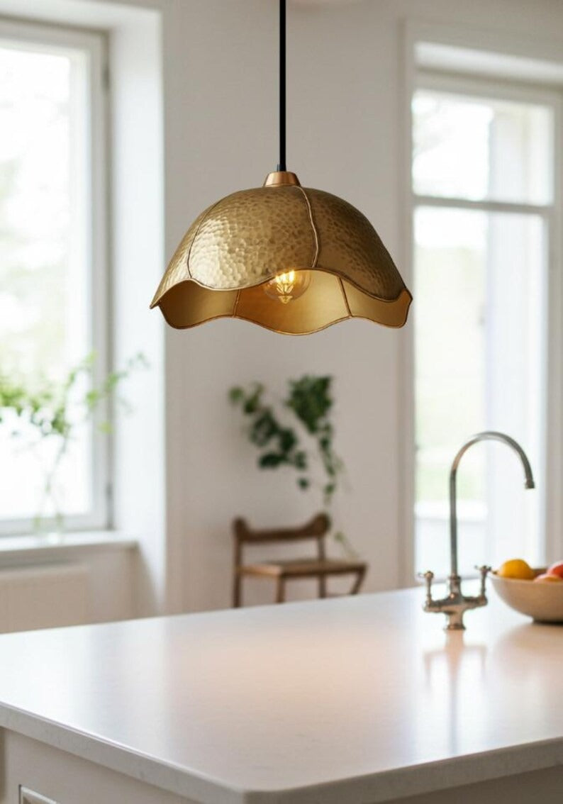 Hammered Brass Scalloped Dome Pendant Light – Handmade Gold Kitchen Island Chandelier