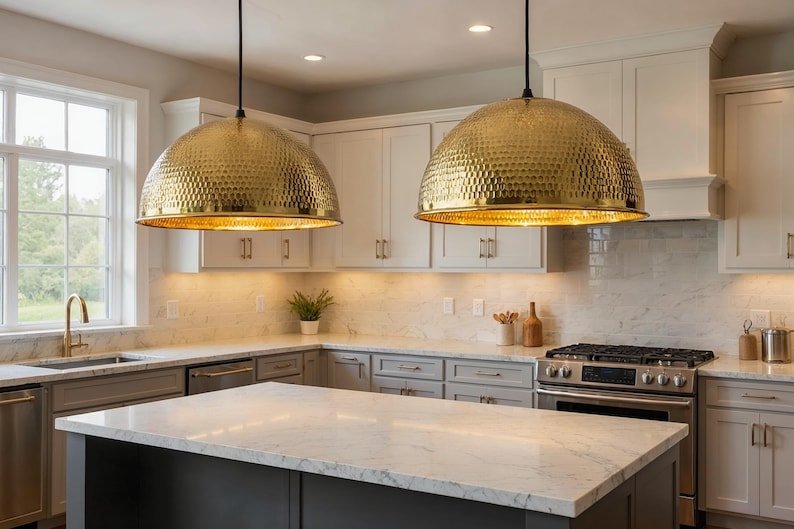 Large Hammered Brass Dome Pendant Light, Handmade Moroccan Gold Brass Kitchen Island Chandelier, Oversized Rustic Farmhouse Hanging Ceiling Light Fixture