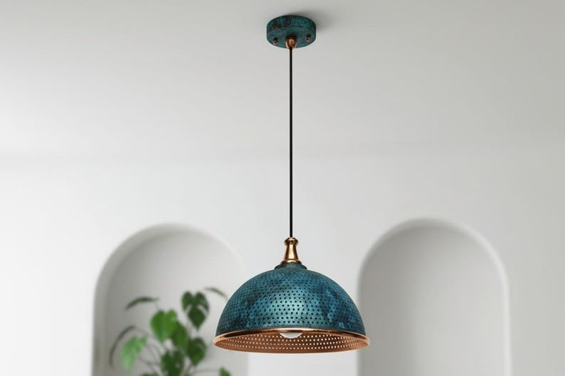 Handmade Moroccan Brass Dome Pendant Light – Perforated Blue Verdigris Patina Hanging Lamp with Antique Copper Trim, Boho Mediterranean Ceiling Light for Kitchen Island, Dining Room, Bedroom & Entryway