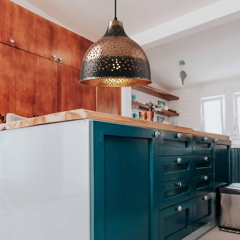 Handmade Moroccan Brass Pendant Light – Hammered Copper and Black Brass Dome Hanging Lamp with Pierced Dot Pattern and Warm Copper Interior for Kitchen Island, Dining Room & Living Room