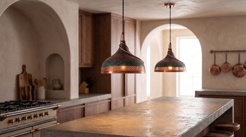 Handmade Moroccan Brass Pendant Light – Twisted Hammered Dome Ceiling Lamp with Verdigris Patina, Pierced Diamond Lattice & Antique Copper Finish