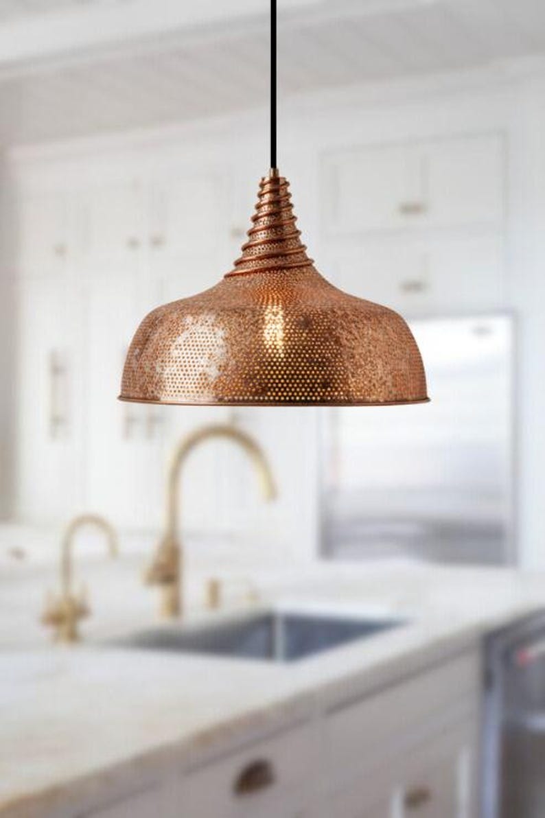 Handmade Perforated Brass Pendant Light – Moroccan Copper Dome Hanging Lamp with Ribbed Neck for Kitchen Island, Dining Room & Boho Home Décor