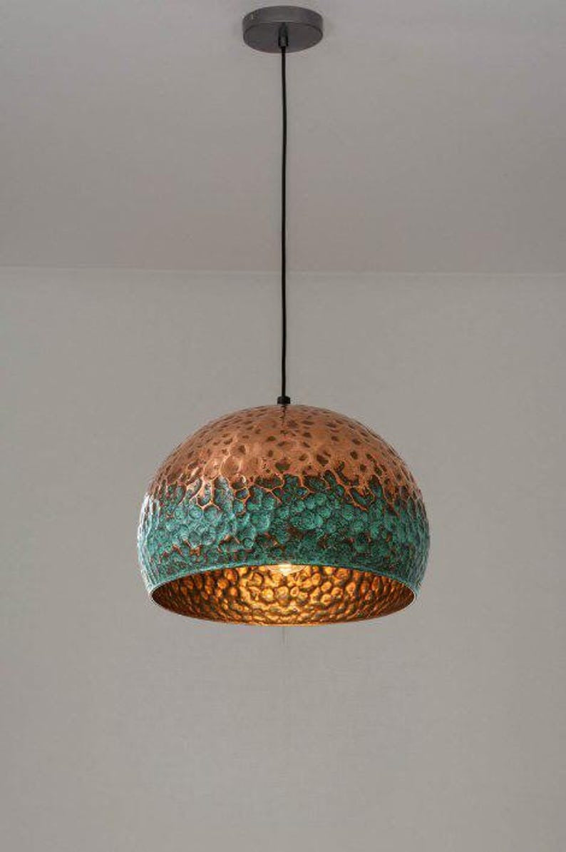 Handmade Copper & Green Patina Brass Pendant Light – Moroccan Hammered Dome Hanging Lamp with Warm Gold Interior for Kitchen Island, Dining Room & Boho Home Décor
