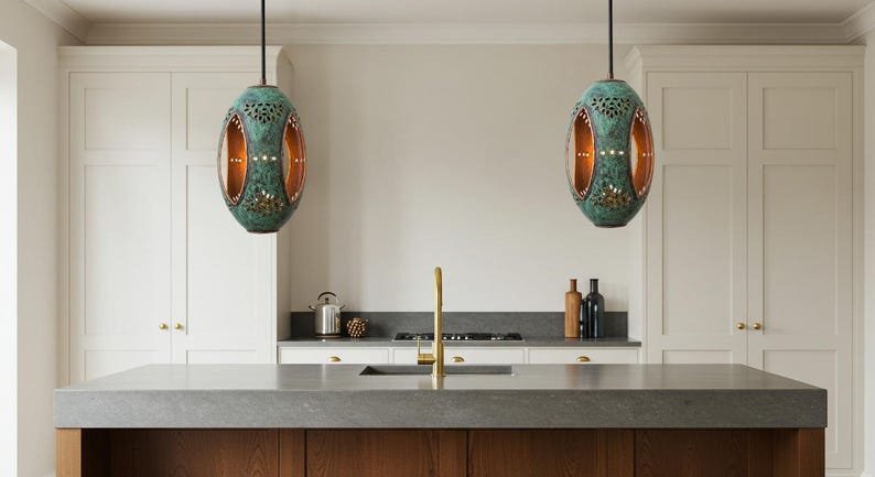 Green Patina Copper Lantern Pendant Light, Handmade Moroccan Pierced Copper Hanging Lamp, Rustic Verdigris Boho Ceiling Light Fixture, Artisan Copper Pendant for Entryway, Hallway, Kitchen and Dining Room