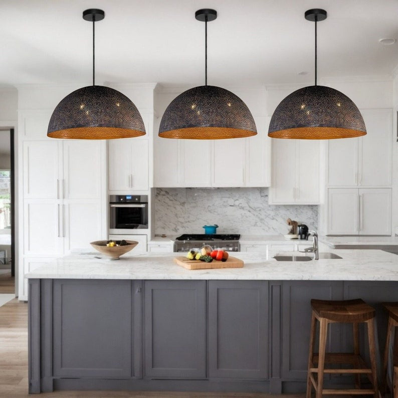 Set of 2 Moroccan Pierced Brass Dome Pendant Lights – Black & Copper Kitchen Island Chandeliers