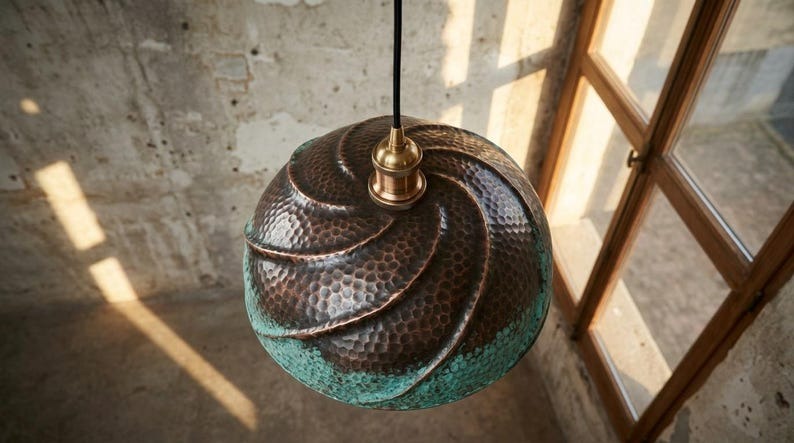 Handmade Moroccan Brass Dome Pendant Light – Hammered Copper and Green Verdigris Hanging Lamp with Sculptural Wrapped Brass Detail and Warm Copper Interior for Kitchen Island, Dining Room & Living Room