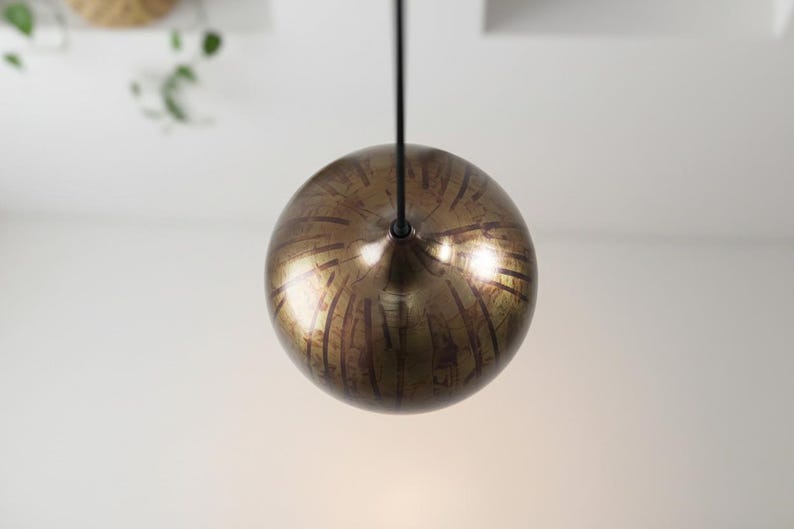 Handmade Moroccan Brass Globe Pendant Light – Aged Antique Brass Hanging Lamp with Artistic Patina Finish, Warm Boho Mediterranean Ceiling Light for Kitchen Island, Dining Room, Bedroom & Entryway