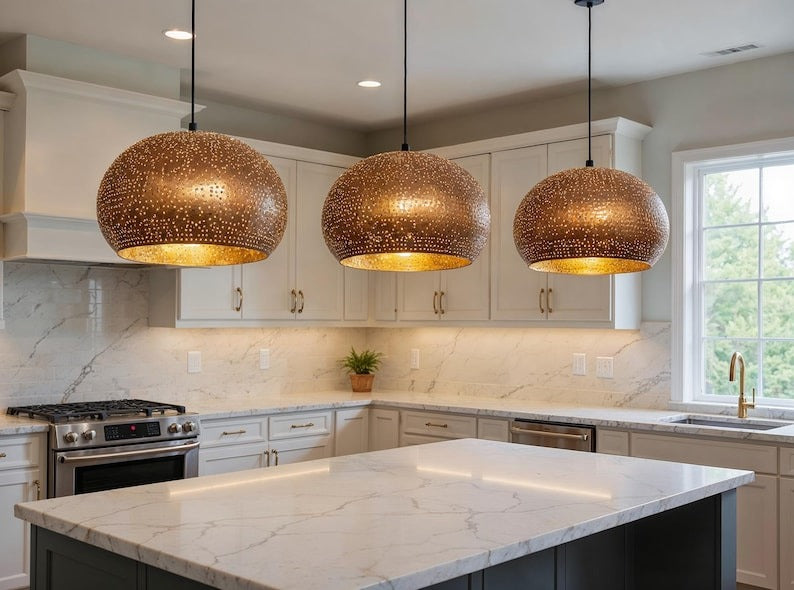 Perforated Copper Dome Pendant Light, Handmade Moroccan Pierced Copper Chandelier, Rustic Gold Interior Kitchen Island Hanging Lamp, Boho Farmhouse Dining Room Ceiling Light Fixture