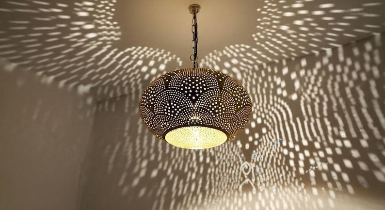 Handmade Pierced Brass Pendant Light – Moroccan Dome Ceiling Lamp, Boho Shadow Light Fixture, Artisan Brass Kitchen Island & Dining Room Hanging Lamp