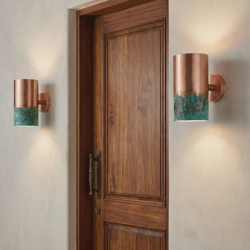 Handmade Moroccan Brass Cylinder Wall Sconce – Aged Copper and Turquoise Verdigris Wall Light with Warm Gold Interior, Modern Up and Down Lamp for Bedroom, Hallway, Entryway & Living Room