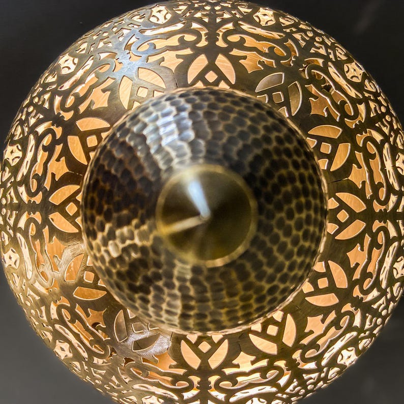 Handmade Moroccan Brass Flush Mount Ceiling Light – Pierced Floral Globe Lantern with Hammered Finial, Antique Brass Moorish Ceiling Fixture